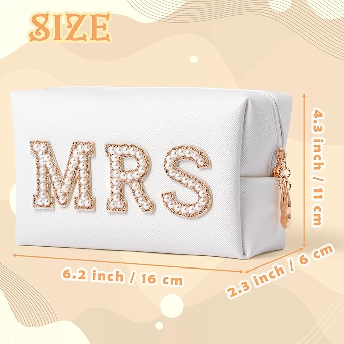 Y1tvei Gold MRS Letter Patch Cosmetic Toiletry Bag Pearl Rhinestone Varsity Letter Patches PU Leather Bride Makeup Bag Waterproof Portable Zipper Clutch Purse Travel Organizer for Women Christmas