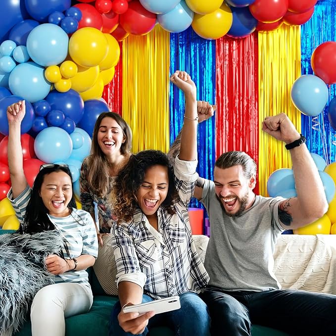 Red Blue Yellow Balloon Arch Garland Kit Birthday Party Decorations, Video Game Foil Fringe Backdrop Tinsel Streamers Banner Photo Booth Props Cartoon Theme Carnival Circus Hero Party Decor Supplies