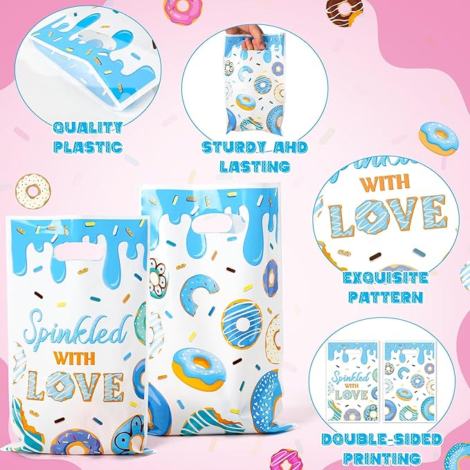 G1ngtar 100Pcs Donut Party Favor Bags - Sweet Doughnut Goodie Candy Treat Gifts Waterproof Plastic Bags for Kids Birthday Party Decoration Supplies