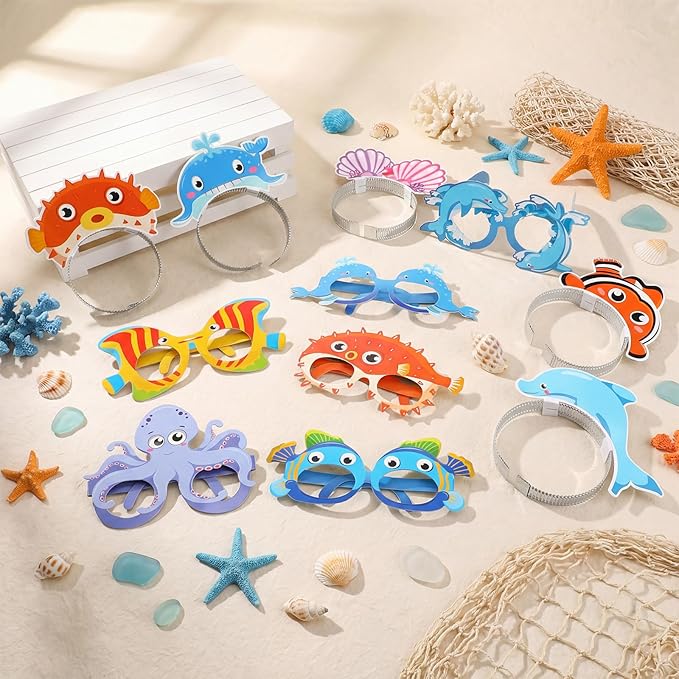 Pajean 24 Pcs Under The Sea Party Supplies Include 12 Ocean Animals Paper Eyeglasses 12 Sea Animals Headbands Photo Booth Props for Beach Pool Mermaid Fish Party Favors Decorations