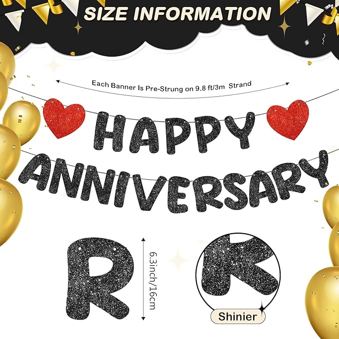 Fulmoon Happy Anniversary Banner Glitter Happy Anniversary Decorations Wedding Party Banner Romantic Decorations No DIY Pre-strung for Wedding Party Birthday Door(Black)
