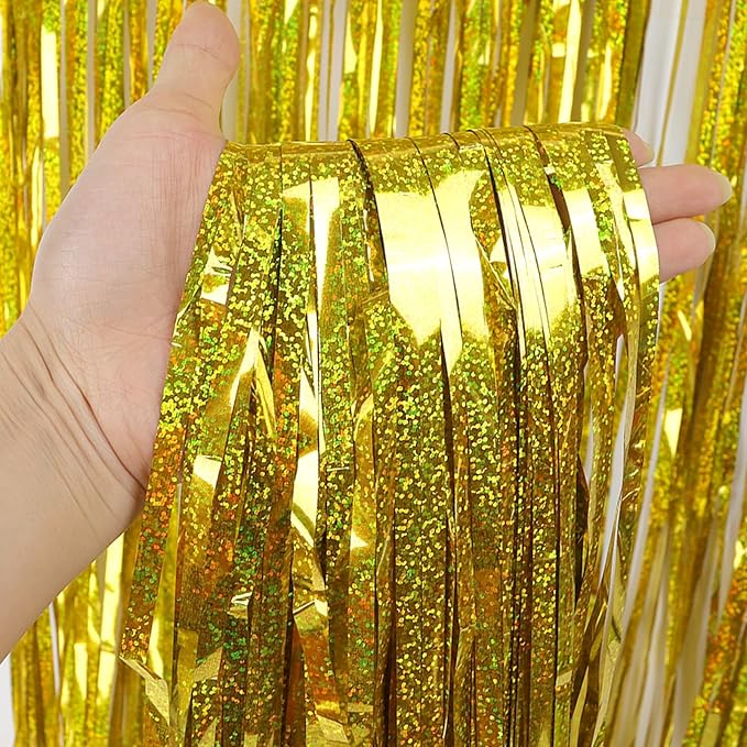 Christmas Gold Backdrops Curtains Party Decorations, Tinsel Streamers for Birthday Decorations, Metallic Photo Booth Props for Wedding, 4Pack 3.28X6.56Ft