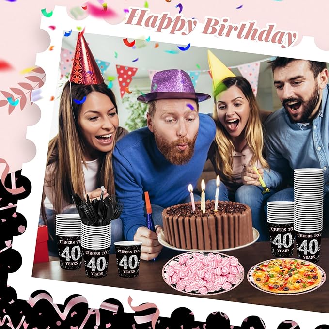 240 Pcs 40th Birthday Decorations 1986 Birthday Party Tableware Include Plates Napkins 9oz Cups Cutlery 40th Anniversary Party Supplies for Men Women Him Her, Serve 30 Guests (Black Pink)