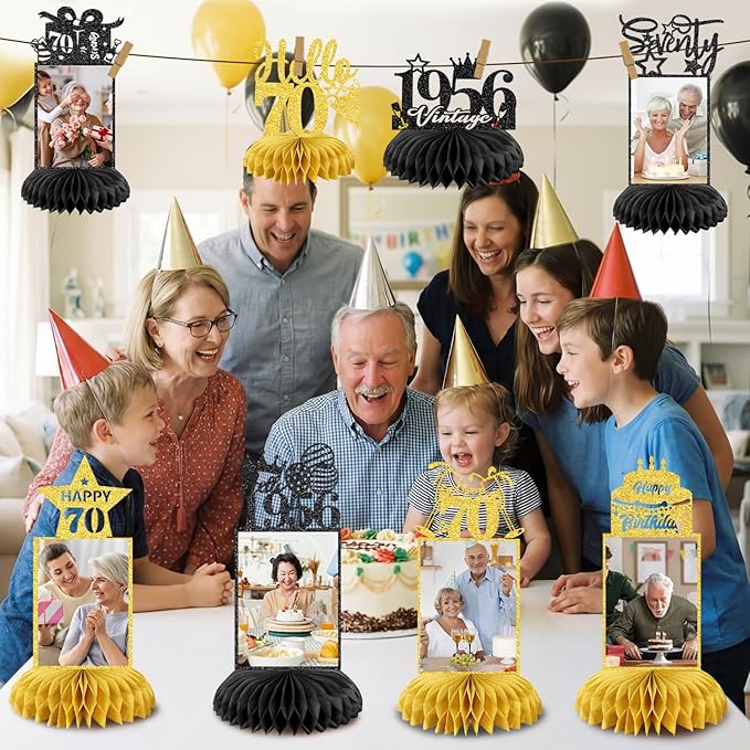 8Pcs 70th Birthday Decoration for Men Women Happy 70th Birthday Honeycomb Centerpieces 70th Birthday Table Decorations Black and Gold Cheers to 70 Years Decor Birthday Party Favors