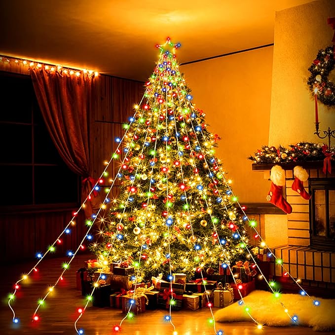 PUHONG Christmas Lights, Decorations Star Lights, 320 LED Christmas Tree Lights Outdoor, Outdoor String Lights, 8 Light Modes with 12" Lighted Star for Xmas New Year (Iron-Multicolor)