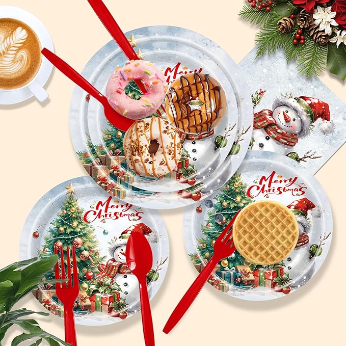 168 PCS Christmas Party Supplies Serve 24 Guests Merry Christmas Plates and Napkins Party Decorations Disposable Dinnerware Set Decor Snowman and tree