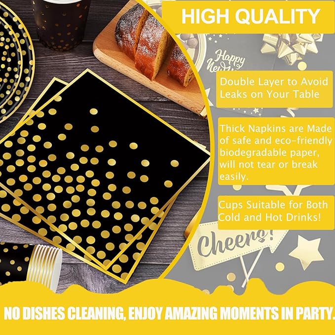 350PCS Black and Gold Paper Plates Party Supplies for 50 Guests Disposable Party Decorations Dinnerware Golden Dot Black Paper Plates Napkins Cups Gold Plastic Forks Knives Spoons for Parties