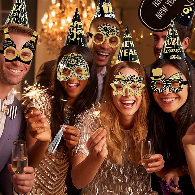 Openfly 24Pcs New Years Eve Party Supplies 2026 Happy New Years Party Headband Hats New Year Glasses New Year Noise Makers