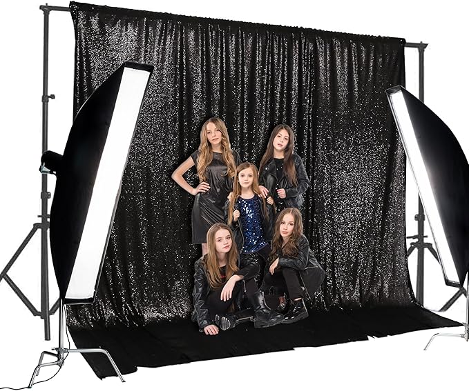 PartyDelight Black Sequin Backdrop 20x10ft - High Density 3mm Shimmer Sequin Background with 4-Inch Rod Pocket, Sparkly Photography Curtain for Stage, Gala, Wedding & Large Events Decor