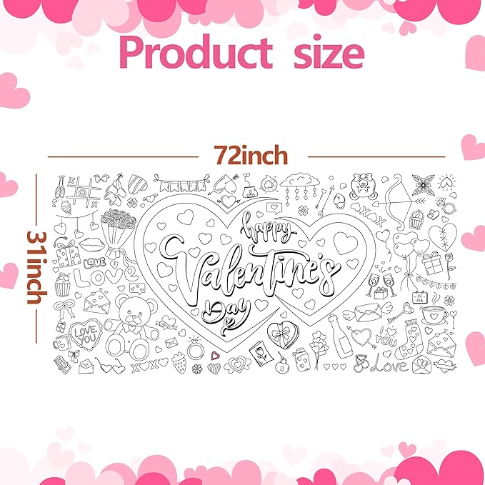 Valentine's Day Coloring Tablecloth, 30x72 Inch Large Giant Poster for Party Activities, Home Decor