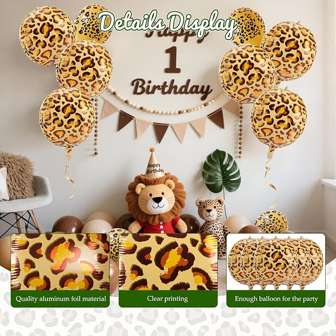 31PCS Cheetah Balloons Set with 6 Pcs 22 Inch Cheetah Print Aluminum Foil Balloons & 25 Pcs Leopard Spots Latex Balloon for Wildlife Animal Zoo Jungle Safari Themed Birthday Party Decoration