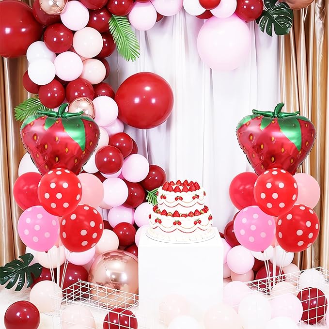 Strawberry Balloon Stand for Table Centerpiece Stand Kit 2 Sets with 2 Strawberry Foil Balloons and 14 Latex Pastel Balloons for Strawberry Themed Birthday Party Decorations