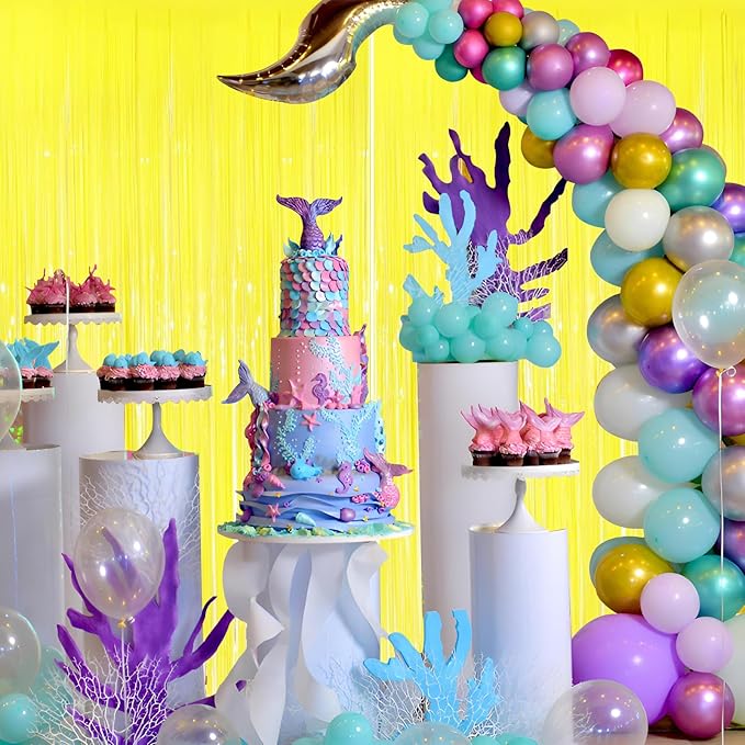 Valentines Day 2 Pack 3.3 * 8.3 ft Foil Curtain Metallic Tinsel Fringe Curtains Photo Booth Props Backdrop for Birthday Wedding Engagement Baby Christmas Holiday Celebration Party，Macaron Yellow