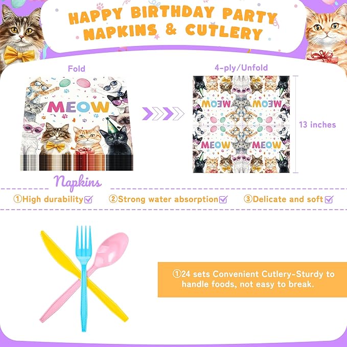 Cats Happy Birthday Party Plates Set, 168PCS Cats Themed Paper Plates Napkins Cups and Colorful Cutlery Set, 24 Set Cat Disposable Tableware Set for Birthday Party Supplies