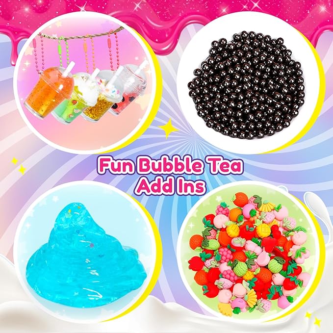 46PCS Slime Boba Tea Making Kit for Girls ages 8-12, DIY Pretend Play Food Toys, Bubble Tea Cups/Bag/Clear Slime/Add-ins, Making Miniature Food, Christmas Party Favors Gift for Kids 6 7 9 10 11