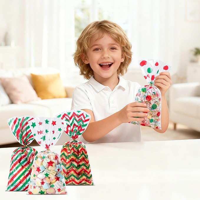 Aegero 120 Pcs Christmas Cellophane Treat Bags, Xmas Gift Candy Goodies Bags with 140 Pcs Twists for Xmas Party Favor Supplies,Kids Party Favors,Snacks Cookies Packing(10.63 x 5.12 inches,Red/Green)