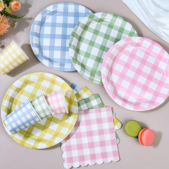72Pcs Gingham Party Supplies 9 Inch Easter Party Colorful Dessert Paper Plates and Napkins Set Easter Disposable Round Picnic Plaid Plates Napkins Cups Checkered Dinnerware Set for Baby Shower Wedding