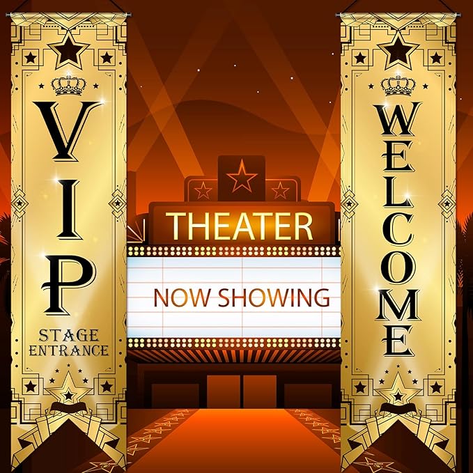 Blulu VIP Party Decorations Roaring 20s Movie Night Banner VIP Porch Sign Movie Theater Now Showing Hanging Porch Sign 1920s Party Supplies(Gold)