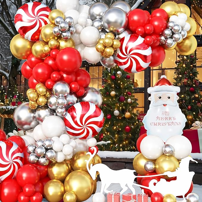 Christmas Balloon Arch Garland Kit, 135Pcs Red White Gold Silver Xmas Balloon with Candy Santa Claus Foil Balloons for Merry Christmas Holiday Birthday Baby Shower Winter New Year Party Decorations
