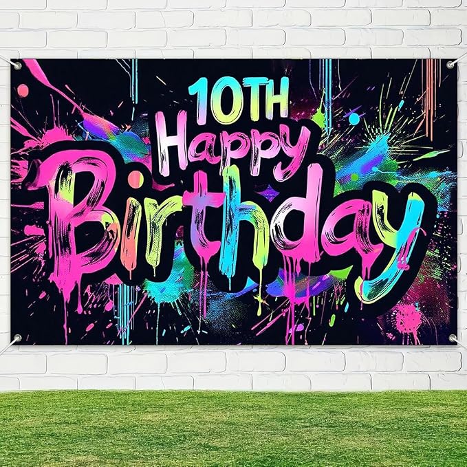 Neon 10th Happy Birthday Banner 71x43 Inch Paint Splatter Glow in The Dark Party Backdrop Colorful Wall Decor for Kids Boys Girls Tenth Birthday Celebrations Photo Booth Event Supplies