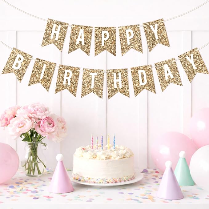 Pre-strung Happy Birthday Banner - No DIY - Gold Glitter Birthday Party Banner - Pre-strung Garland on 6 ft Strands - Gold Bday Party Decorations & Decor. Did We Mention No DIY