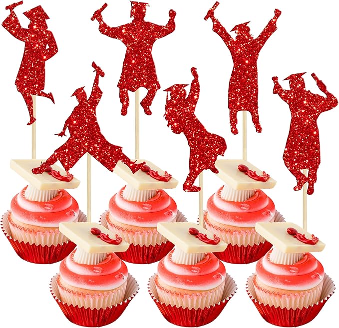 Gyufise 24Pcs 2026 Graduation Cupcake Toppers Red Glitter Class of 2026 Boys Girls Graduation Cap Cupcake Picks for 2026 Graduation Theme Party Cake Decorations Supplies