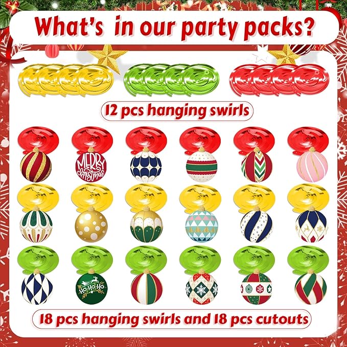 Christmas Ball Hanging Swirl, 48Pcs Merry Christmas Ball Foil Swirls Ceiling Streamers Hanging Decorations for Xmas Indoor Outdoor Party Supplies﻿
