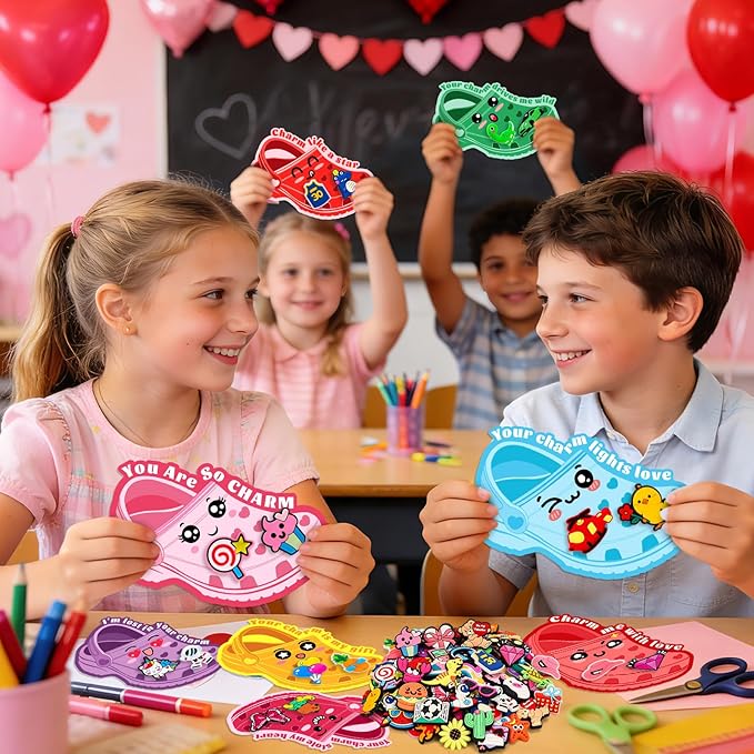 152 Pcs Valentines Day Cards Sets for Kids School Valentines Classroom Gifts for Kids 50 Pcs Bulk Exchange Card with 102 Pcs Shoe Charms for Boys Girls Toddlers Valentine Party Class Favors