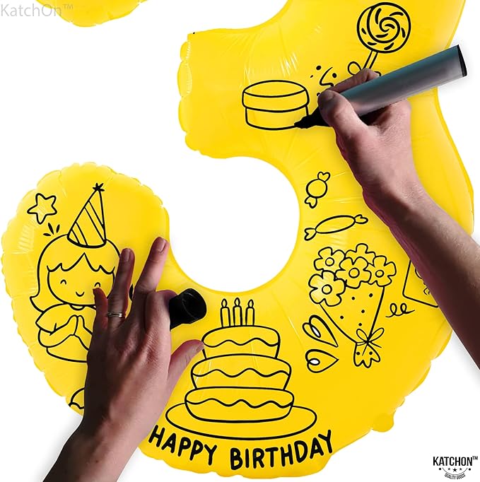 KatchOn, Big, Yellow 3 Balloon Number - 40 Inch | Yellow Three balloon for 3 Year Old Balloons | 3rd Birthday Decorations for Boys | 3 birthday Balloon, Honey Bee Party Decorations