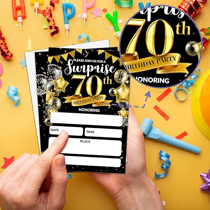 Surprise 70th Birthday Party Invitation, Black and Gold Fill-In Invites For Adult Woman & Man, 20 Invitations With Envelopes(4" x 6"), Party Favors Decorations And Supplies-05