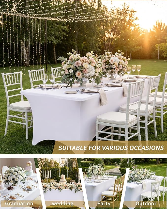 Fixwal White Table Cloth for 6FT Rectangle Tables, 6 Pack Rectangular Tablecloths Stretch Spandex Fitted Table Covers 6FT for Parties, Trade Shows, Banquet, Weddings, Buffet, Graduation Decorations