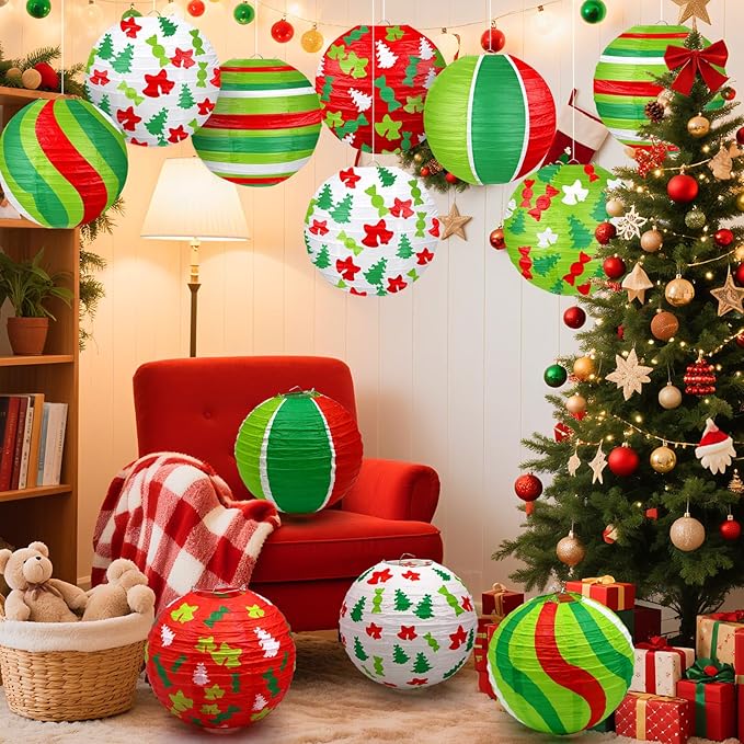 ADLKGG Christmas Party Decorations, Red Green Christmas Trees Bell Candies Printed Paper Lantern Decorative for Holiday Xmas Party Baby Shower Birthday Indoor Outdoor, 12Pcs