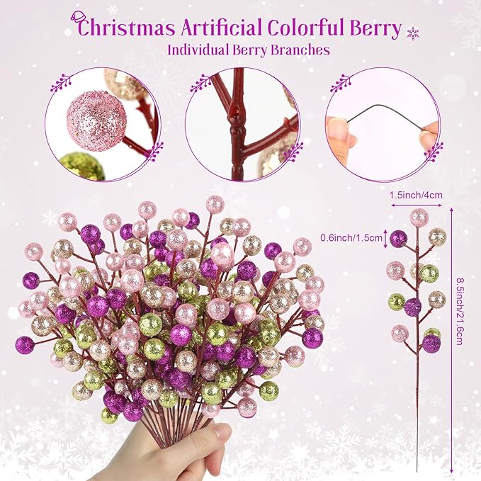HOHOTIME 24 Pack Artificial Berry Stems Branches, Christmas Faux Champagne Pink Lime Purple Holly Colorful Berries Branch Ornaments for Christmas Tree Wreath DIY Craft Decorations Holiday Home Decor