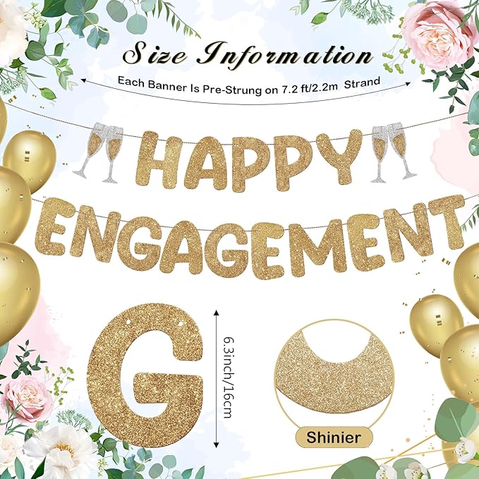 Breling Pre Strung Happy Engagement Banner Glitter Engagement Party Decorations for Congratulations Engaged Wedding Shower Signs Decor(Champagne Gold)