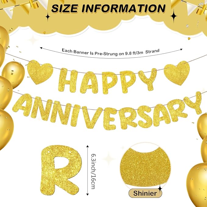 Fulmoon Happy Anniversary Banner Glitter Happy Anniversary Decorations Wedding Party Banner Romantic Decorations No DIY Pre-strung for Wedding Party Birthday Door(Gold)