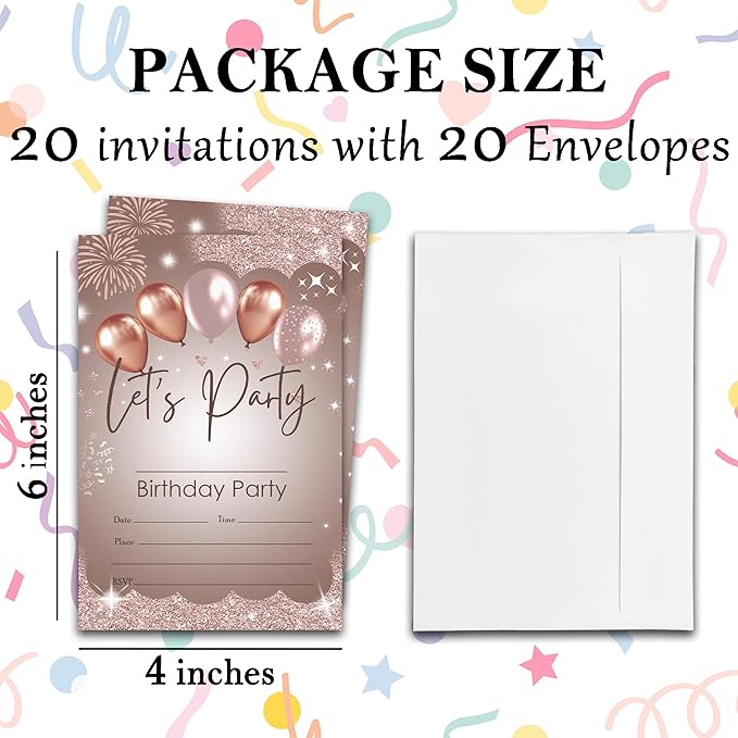 Let's Party Laser Balloons Birthday Party Invitations - 20-Pack of 4''x6'' Invite Cards with Envelopes, Double-Sided Fill In Birthday Celebrate Supplies & Decoration For Adults & Teens - A03