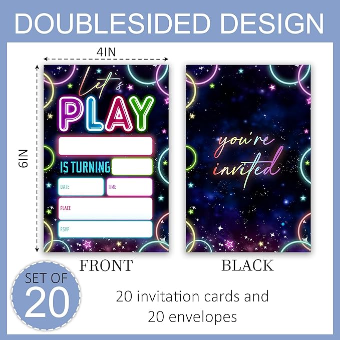 Laser Birthday Invitations, Let's Party Theme Neon Glow Party Invites Cards for Boys Girls, Fill-In Style 20 Pack Double Sided with Envelopes, 4 × 6 Inch