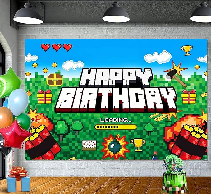 Pixel Backdrop Happy Birthday Banner Boy 5x3ft Miner Bday Sign Villager Gaming Birthday Party Decorations Videogame Themed Banner Video Game Decorations Video Game Backdrop for Boys