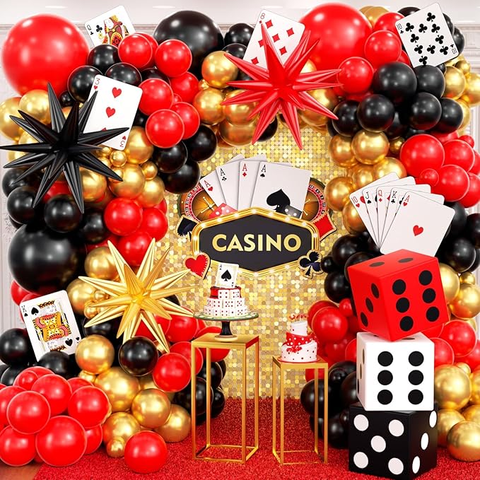 204Pcs Casino Balloon Garland Arch Kit - Casino Theme Party Decorations with Dice Boxes Large Poker Cards Party Balloons for Birthday Game Night Las Vegas Casino Night Theme Party Decorations