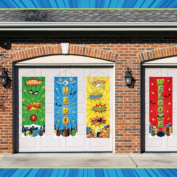 Panelee 4 Pcs Hero Theme Party Banners Hero Party Decorations City Comic Skyline Porch Sign Hanging Door Banner for Cityscape Birthday Backdrop Supplies