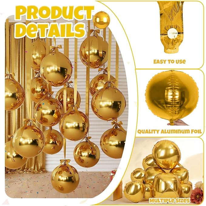 12Pcs Gold Round Balloons Foil, 22" 18" 15" 10" 4D Round Ball Balloon, Giant Metallic Gold Foil Balloons for Graduation Prom Disco Wedding New Year Birthday Party Decorations Backdrop