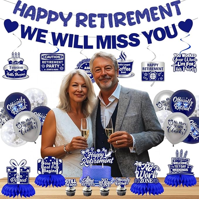 Retirement Party Decorations Men Women, Blue Silver Happy Retirement Decorations, Pre-Strung Happy Retlrement & We Will Miss You Banner, Balloons, Hanging Swirl, Cake Topper Retired Sash Honeycomb Set