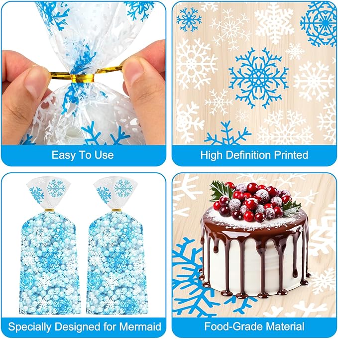 100 Pcs Winter Snowflake Treat Bags - Christmas Gift Bags, Blue White Plastic Snowflakes Cello Candy Goodie Cookie Snack Cellophane Bag with Twist Ties for Xmas Holiday Winter Wonderland Party Favors