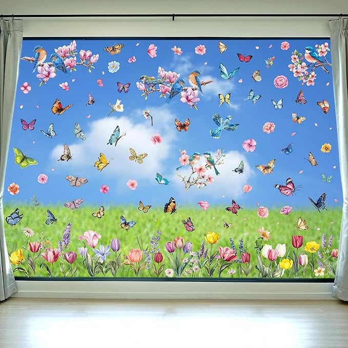 115 PCS Spring Decorations, 4 Sheets Waterproof Spring Window Clings, Double-Sided Easter Window Decorations with Flowers Butterflies Birds Designs, Colorful Easter Party Decor for Home Store