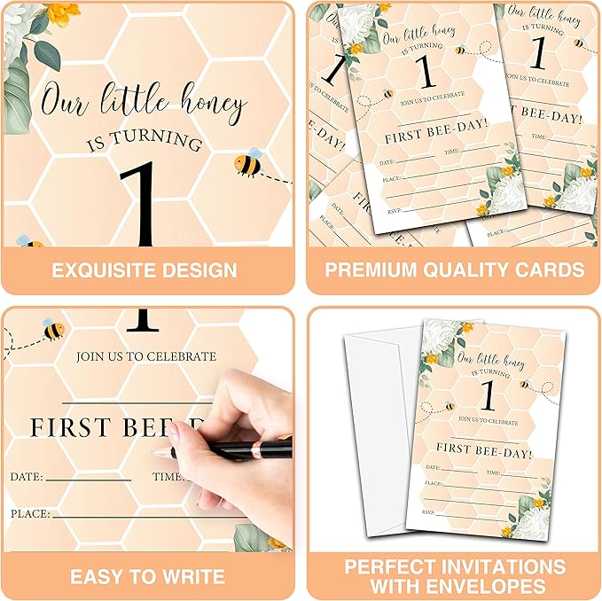 Honeycomb 1st Birthday Invitations Cards, 4"x 6" Honey Bee Birthday Party Invites with Envelopes for Party Decorations Supplies(20 Pieces) -D20