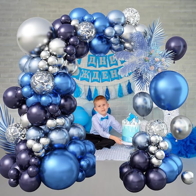 Blue and Silver Balloon Arch Kit, Navy Blue Dark Blue Silver Balloon Garland with Metallic Royal Light Blue Silver Confetti Latex Balloons for Boys Birthday Wedding Graduation Party Decorations