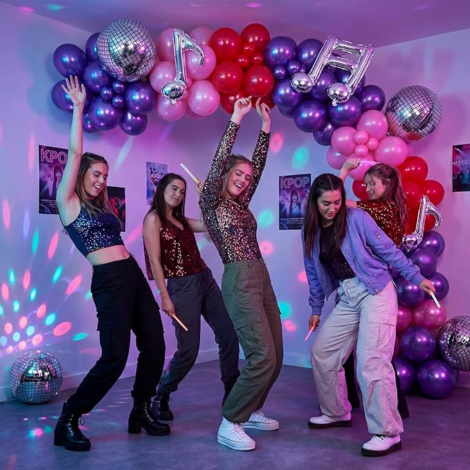 Sumind 144 Pcs K pop Party Decorations with Pink Purple Metallic Music Balloon Garland Arch Kit, K Pop Music Themed Birthday Decoration for Fans Themed Birthday Concert Stage Backdrop Party Decor