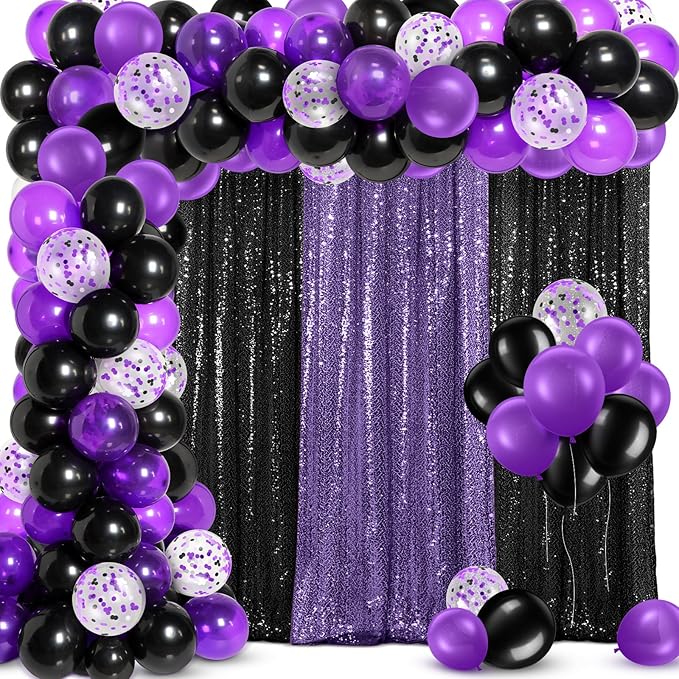 137 Pcs Purple Black Party Backdrop Kits - 4 Sequin Backdrop Curtain 133 Balloon Arch Garland Kit Photo Background for Graduation Birthday Weeding Decor