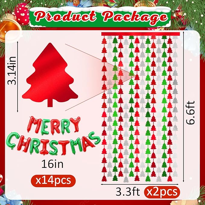 2Pack Christmas Foil Fringe Curtains with Merry Christmas Balloons, 3.3 x 6.6Ft Tree Backdrop Tinsel Photo Booth Props Streamers for New Year Ugly Sweater Xmas Party Decorations Supplies