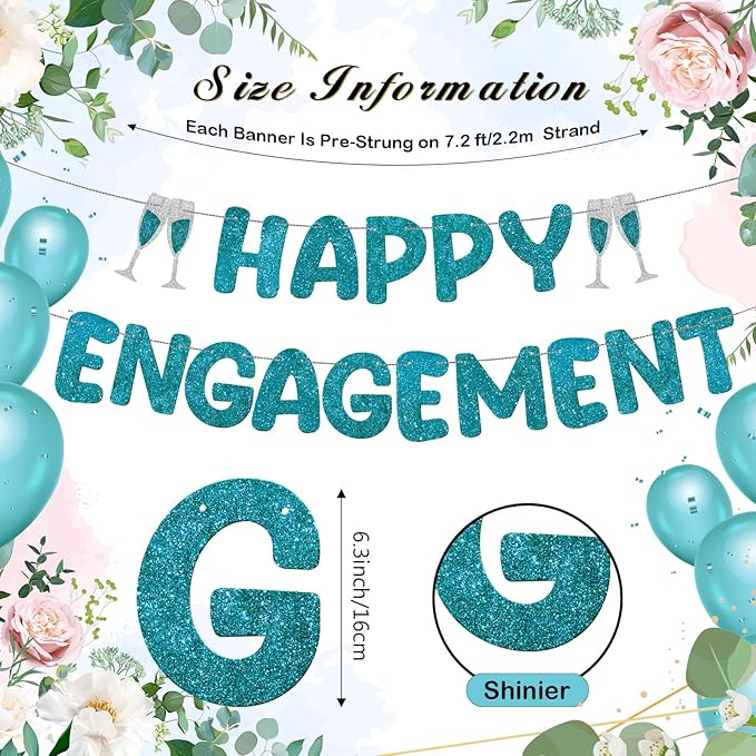Breling Pre Strung Happy Engagement Banner Glitter Engagement Party Decorations for Congratulations Engaged Wedding Shower Signs Decor(Teal)